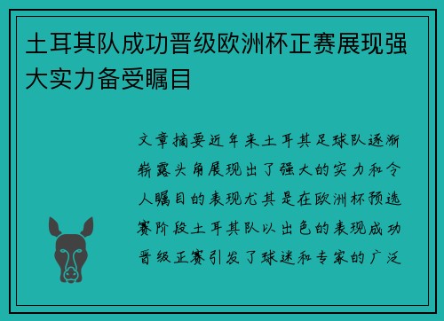 土耳其队成功晋级欧洲杯正赛展现强大实力备受瞩目