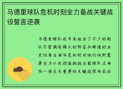 马德里球队危机时刻全力备战关键战役誓言逆袭