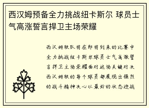 西汉姆预备全力挑战纽卡斯尔 球员士气高涨誓言捍卫主场荣耀